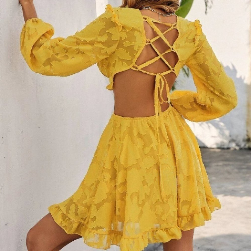Boho Lace tie back  Backless Mini Dress YELLOW - Picture 7 of 8